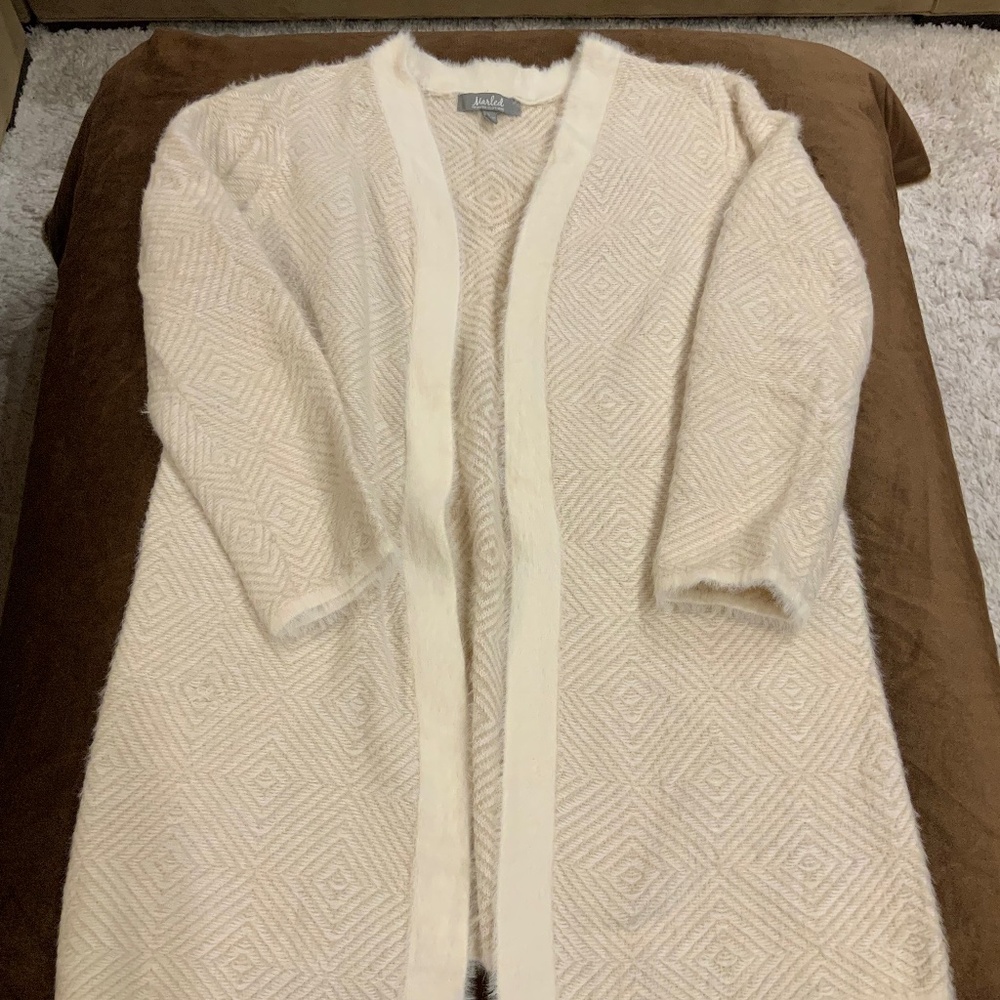 Marled Cream Tan L Shaggy Cardigan Duster Alpine Outdoor Minimalist Scandi Girl
